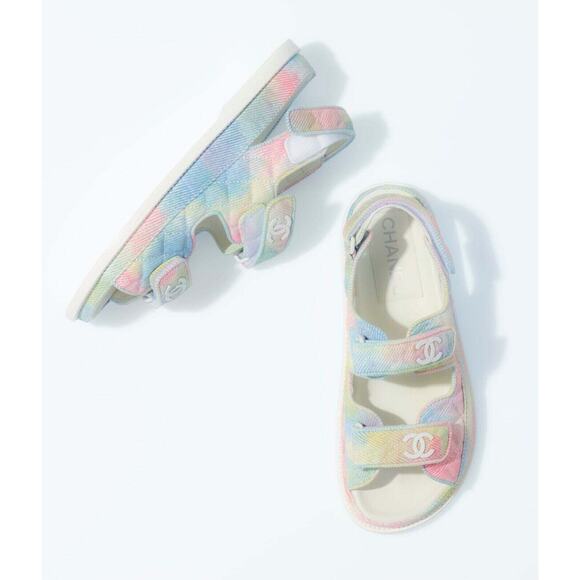 Chanel 22C Green Pink Blue White CC Logo Mule Slide Strap Flat Dad Sandal 36 - Picture 5 of 12